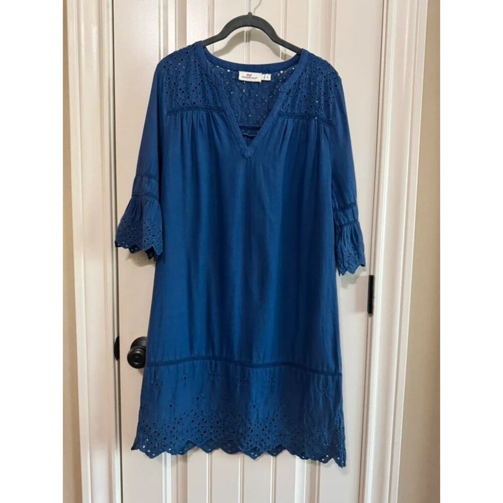 Vineyard Vines Moonshine Blue Cotton Eyelet Lace Shift Dress 8 Bell Sleeve Boho